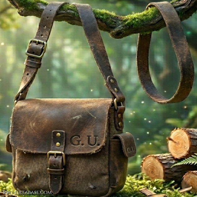 Una borsa robusta in cuoio, su cui sono incise le iniziali G U. Ha la caratteristica di adattarsi alle dimensioni assunte dalla faerica al cambio di forma.