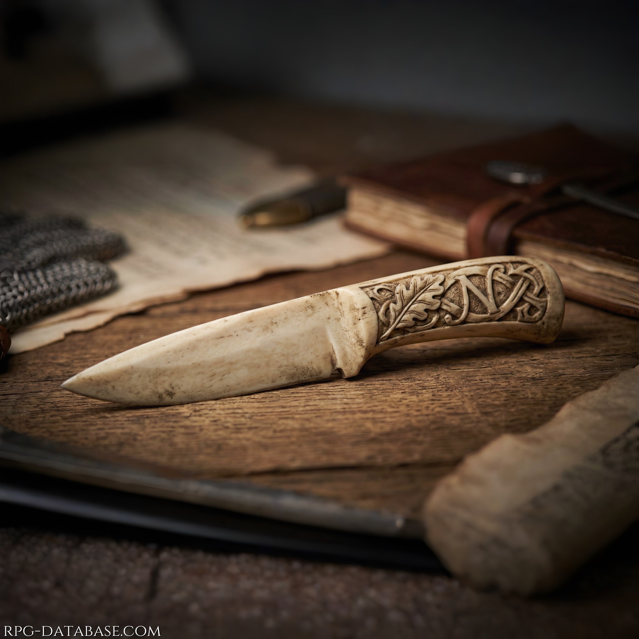 Questo piccolo coltello è interamente scolpito da un unico pezzo d'osso di un grande animale. Il materiale è invecchiato, assumendo una tinta avorio e una patina naturale che ne esalta l'antichità e la rusticità. Le tracce d'uso, come graffi e usura sui bordi, suggeriscono una lunga e vissuta storia, forse tra i boschi o sui campi di battaglia. L'impugnatura è decorata con intagli a forma di foglia di quercia e nodi intrecciati, simbolo di forza e connessione con la natura. Inizialmente l'incisione della lettera 'N' era più chiara, ma con il tempo e la sporcizia accumulatasi è diventata un tutt'uno con l'impugnatura. Un pezzo unico nel suo genere, perfetto per chi apprezza la bellezza grezza e la storia racchiusa in ogni graffio.