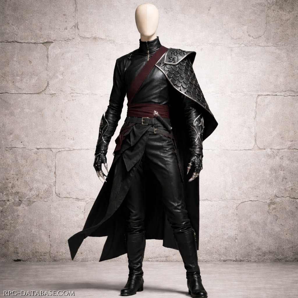 Elegante divisa da combattente in pelle nera aderente, dettagli metallici raffinati e una spalliera a scaglie che dona imponenza. Una fascia bordeaux spezza il nero dominante, mentre il mantello scuro scende dietro con movimento fluido.