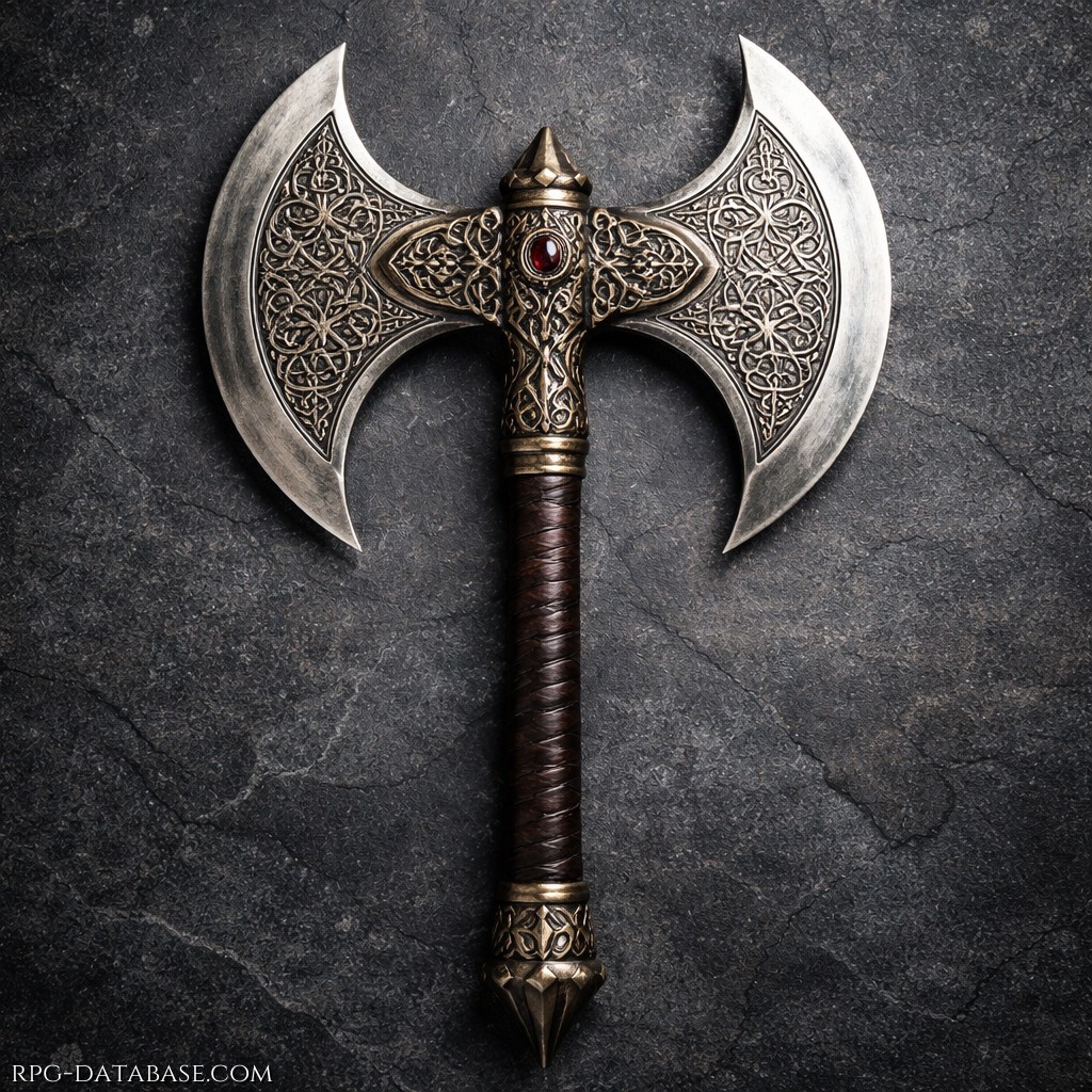 Ascia bipenne, con due lame, ampie e perfettamente speculari, hanno una curva elegante e affilata, con il filo lucidato a specchio che contrasta con il metallo più opaco e inciso all’interno. Le superfici sono ricoperte da intricati motivi decorativi intrecciati, che richiamano lo stile elfico e nanico. L’impugnatura è avvolta in cuoio scuro, robusto e ben stretto, pensato per offrire presa sicura anche in combattimento. Le estremità del manico sono rifinite con elementi metallici decorati, culminando in un pomolo appuntito che può fungere da contrappeso o arma secondaria.