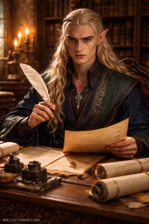 Mentore in biblioteca mentre verga una pergamena