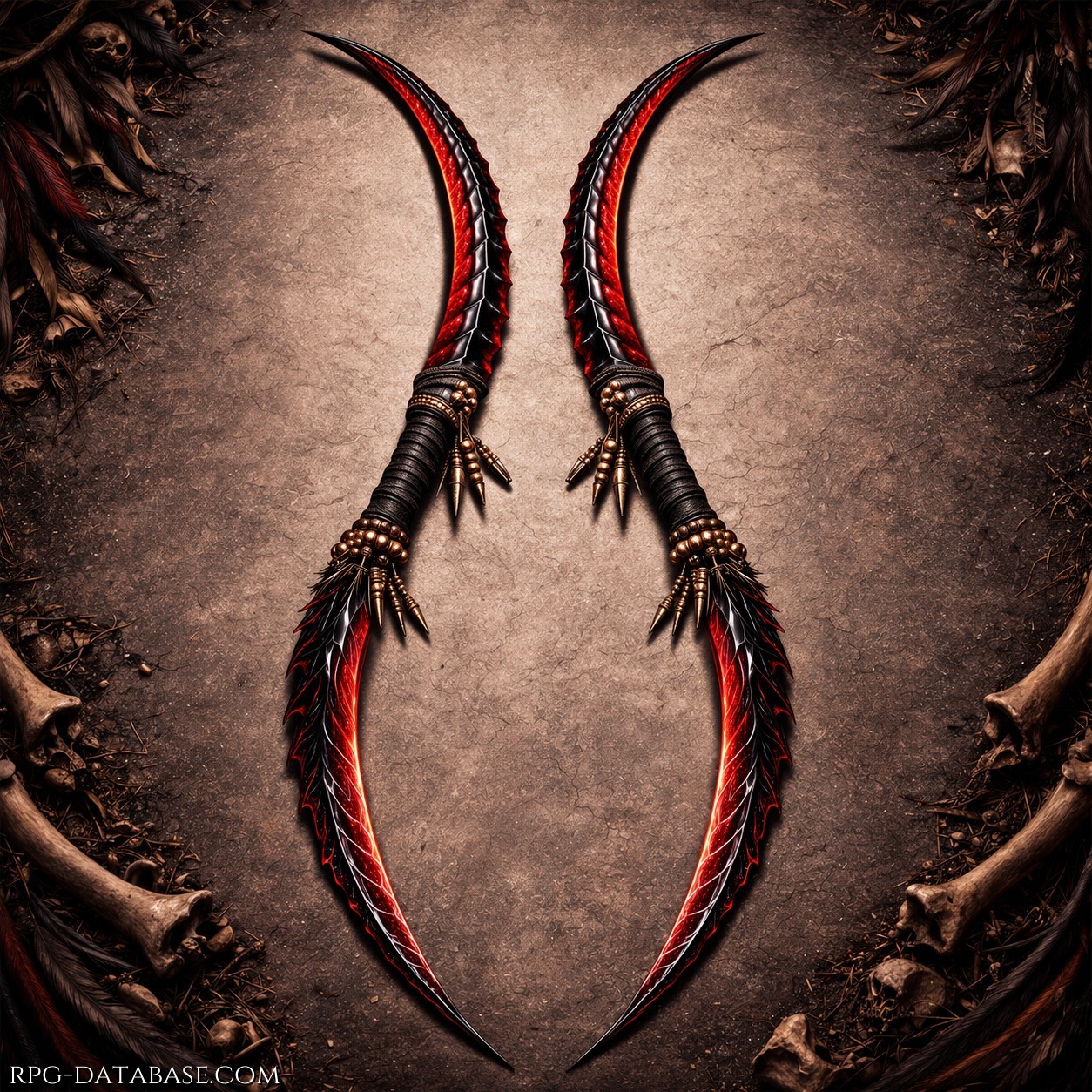 Due lame gemelle dalla forma elegantemente ricurva, simile a zanne predatrici, con una doppia curvatura che le rende tanto armoniose quanto inquietanti. Il metallo appare vivo: una fusione di nero profondo e cremisi incandescente, come se al loro interno scorresse un calore latente, pronto a emergere al minimo richiamo. Le impugnature sono avvolte in strisce scure, consumate dall’uso, e decorate con piccoli pendagli, ossa e perline metalliche. Chi viene ferito anche solo superficialmente da queste lame non subisce soltanto una lesione fisica. La vittima viene rapidamente avvolta da allucinazioni vivide e disturbanti. La realtà si deforma, i confini tra vero e irreale si dissolvono, lasciando chi è colpito in uno stato di confusione e terrore, facile preda del successivo attacco.