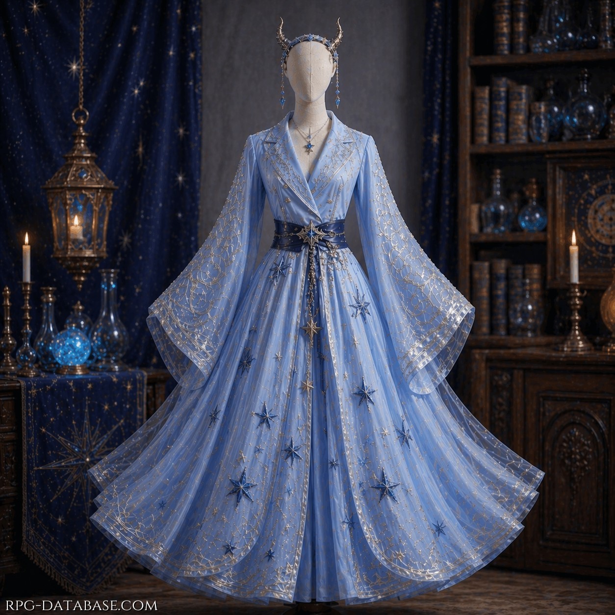 Abito etereo color azzurro, decorato con ricami dorati e motivi stellari. Il corpetto incrociato è elegante e aderente, mentre le maniche ampie e fluide e la gonna vaporosa in tulle creano un effetto leggero e celestiale. In vita, una cintura scura impreziosita da una stella accentua la silhouette, richiamando il tema cosmico dell’intero vestito. Sulla testa è presente un cerchietto con delle corna. Ha la caratteristica di adattarsi sia alla forma umana sia alla forma faerica.