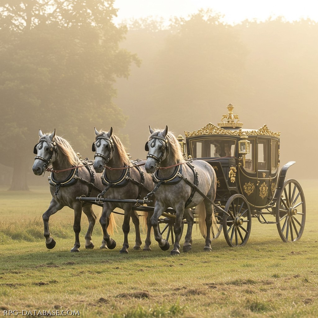 Un'elegante carrozza nera e dorata, trainata da quattro cavalli dal manto argenteo.