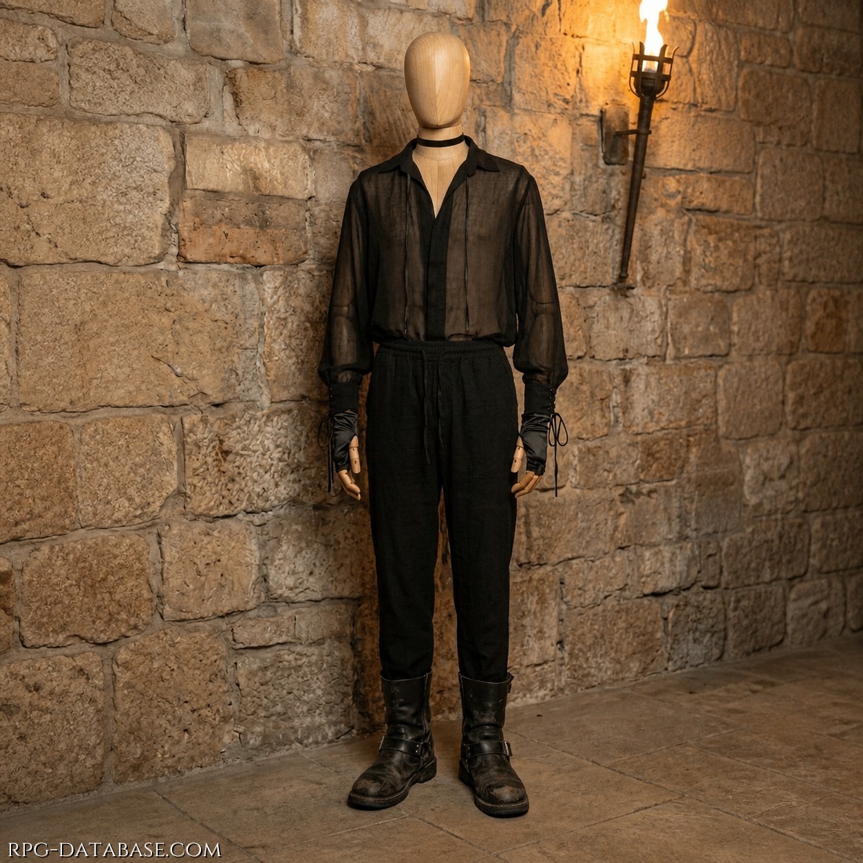 Abito maschile dallo stile essenziale e leggermente gotico. Composto da una camicia nera semi-trasparente, leggera e morbida, con colletto aperto e maniche lunghe leggermente ampie, accompagnata da pantaloni neri a vita alta dal taglio semplice e aderente. Gli accessori includono polsini con lacci e stivali in pelle scura, robusti, che danno un tocco pratico e deciso. L’insieme trasmette eleganza sobria con un’aria misteriosa e un’estetica quasi teatrale.