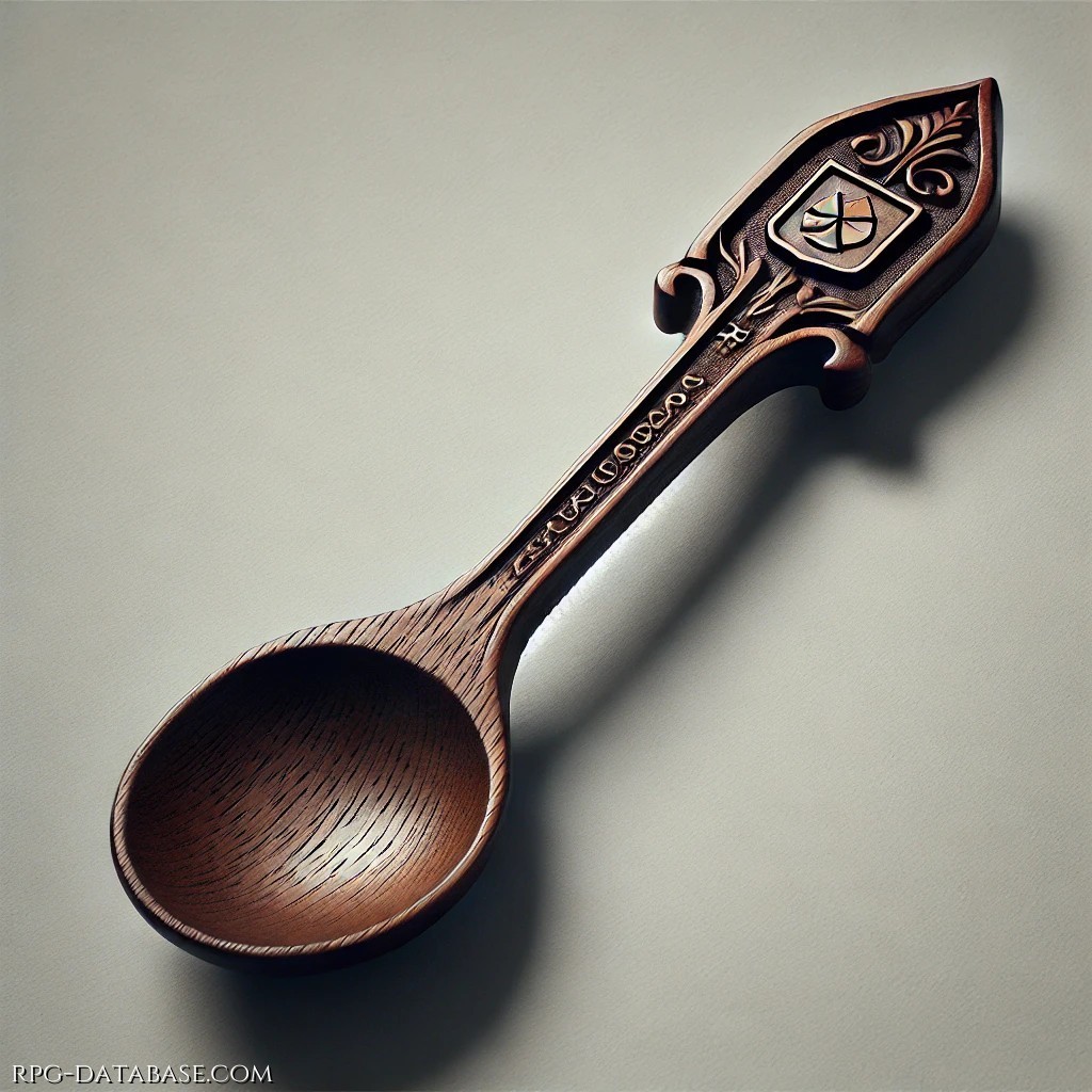 Un semplice cucchiaio in legno scuro, levigato dal tempo, con il simbolo della Gilda degli Osti inciso sul manico. A prima vista sembra uno strumento da cucina comune, ma chi ne conosce il segreto sa che è uno degli oggetti più preziosi per un vero Oste.