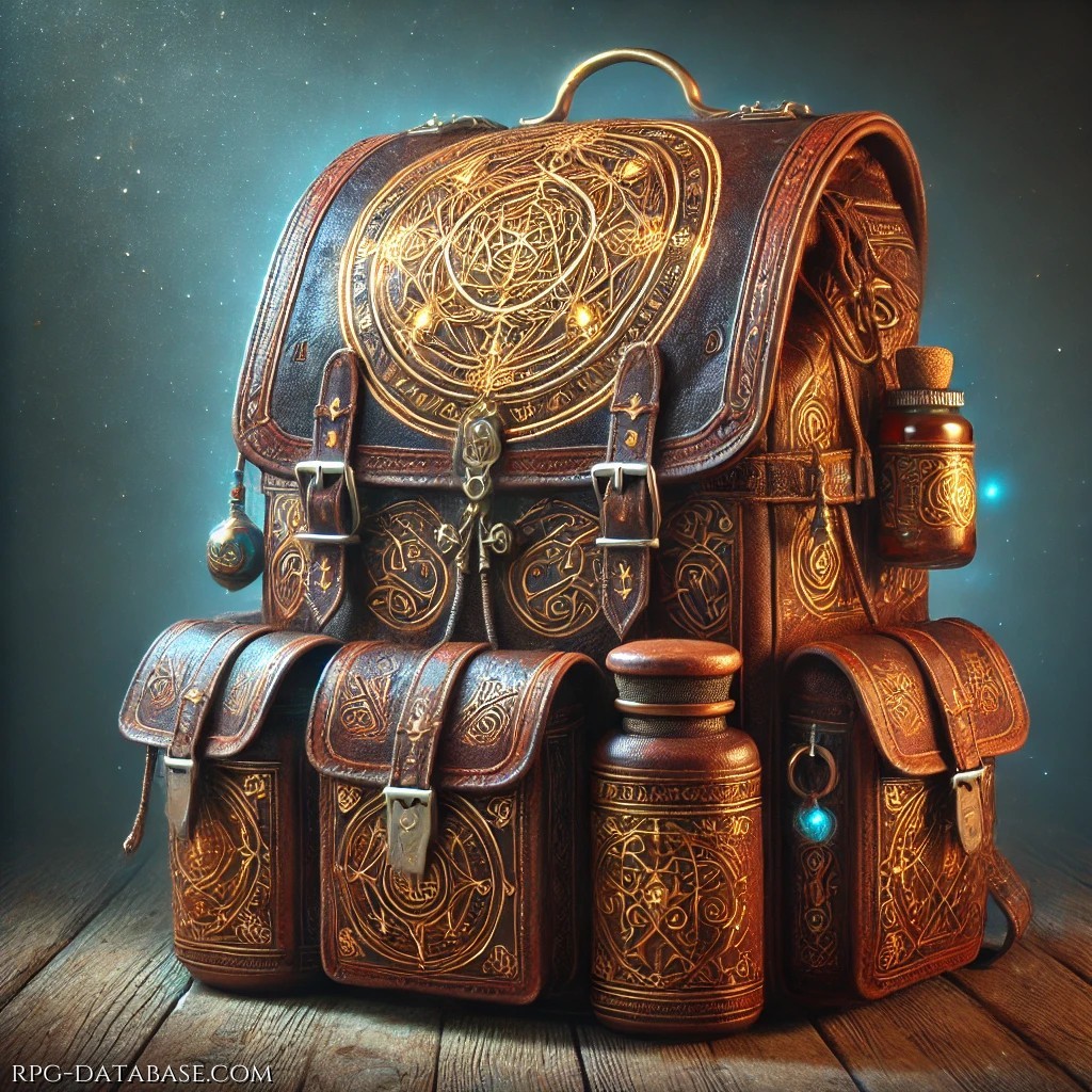 Un umile zaino in cuoio,decorato con il simbolo della Gilda,nasconde un varco dimensionale.Sebbene modesto, può trasportare grandi quantità di merci senza aumentarne il peso.È l'ideale per ogni Oste in viaggio,capace di contenere provviste,utensili,botti di vino e interi set da locanda con facilità.