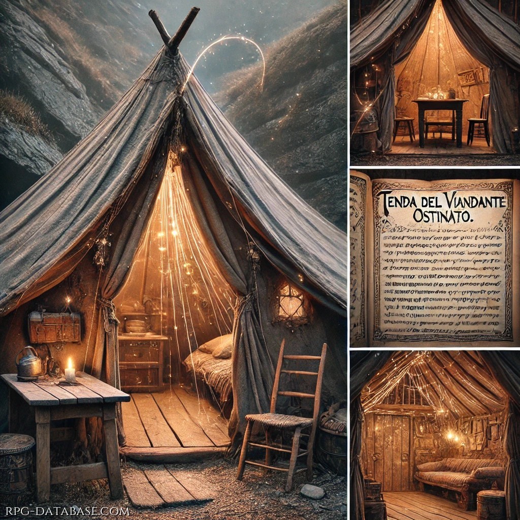 All'apparenza una tenda logora e modesta, ma oltre la soglia cela uno spazio extradimensionale accogliente. Capolavoro della Gilda degli Osti, offre rifugio e ristoro a chiunque cerchi una sosta sicura, trasformando ogni bivacco in un angolo di conforto e calore.