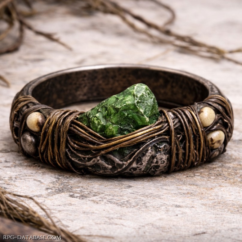 Anello dal fascino antico e selvaggio, forgiato in metallo brunito e avvolto da sottili intrecci di rame consumato. Al centro risplende una grezza pietra verde smeraldo, incastonata come un frammento di natura viva, mentre piccole sfere d’avorio decorano i lati conferendogli un aspetto arcano e tribale.