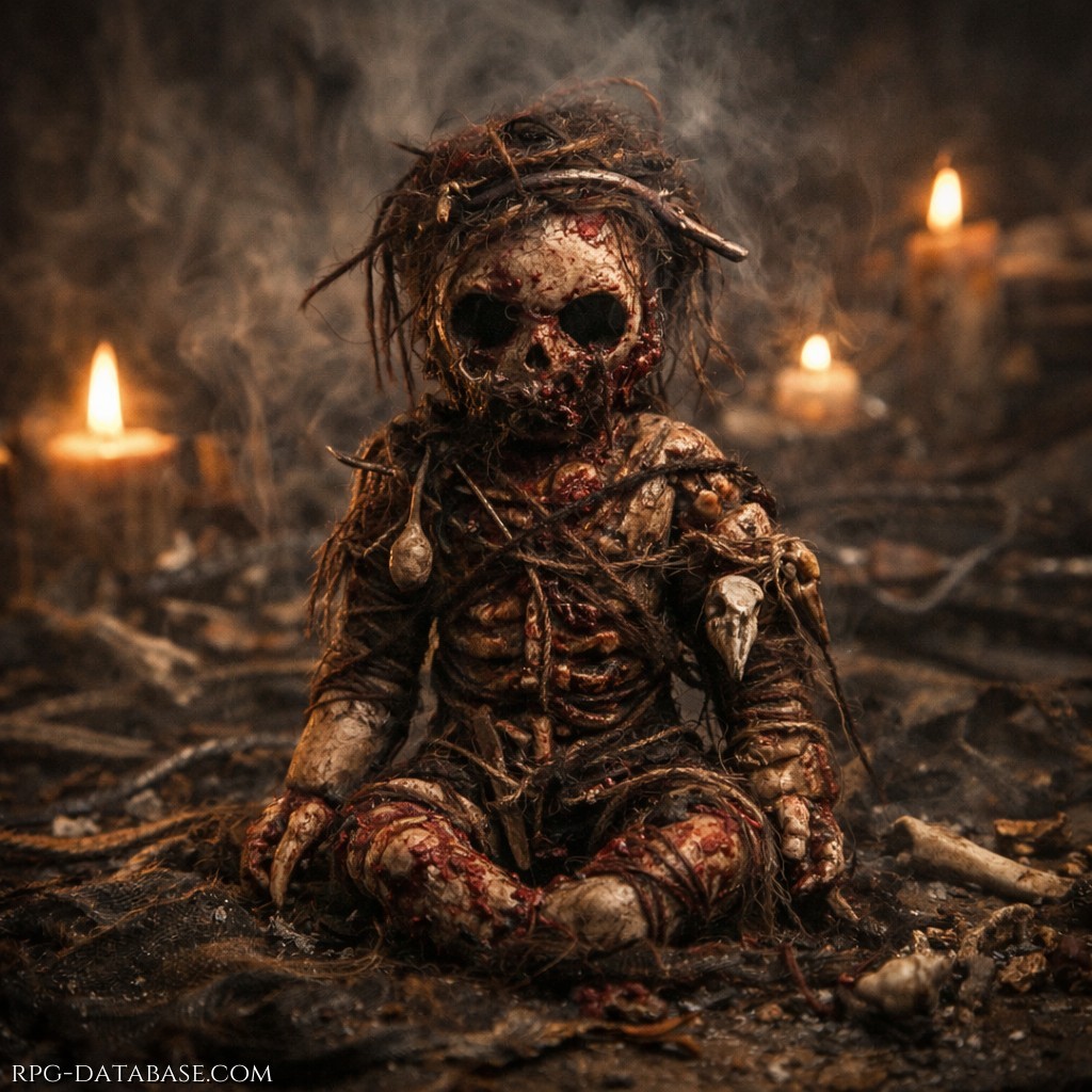 Simulacro plasmato con ciò che appartiene alla vittima: sangue, capelli, carne o ossa. Quando lo Sciamano la forgia, l’effigie diventa un doppio spirituale del bersaglio, legato al suo respiro e al suo cuore. Può infliggere febbri, incubi, visioni dei Loa, debolezza progressiva - oppure può benedire con protezione e forza. (Vincolato agli Sciamani - MORG obbligatorio)