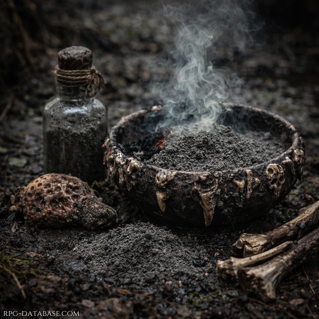 Ricavata da un fungo palustre, essiccato e macinato con cenere di ossa. Può essere soffiata nelle narici o bruciata in piccoli bracieri. Produce una estasi violenta in cui il mondo sembra ribaltarsi e le ombre parlare. Gli Sciamani la usano per ascoltare i Loa, mentre i guerrieri per vedere la morte che li aspetta. (Non utilizzabile come arma contro bersagli nemici)