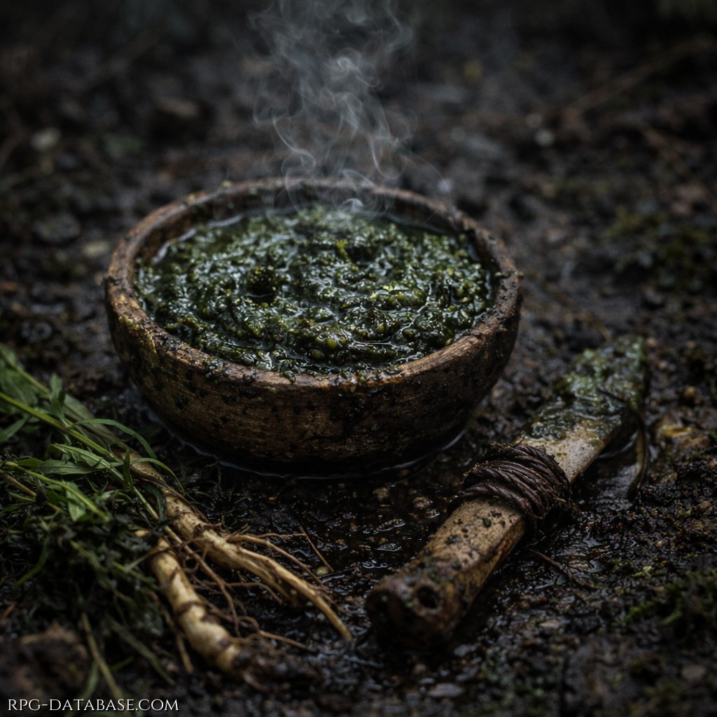 Pasta densa color verde scuro, ottenuta da erbe lenitive, grasso animale e radici. Spalmato su ferite, contusioni o articolazioni, riduce il dolore, calma l’infiammazione e accelera la guarigione naturale. Lascia una sensazione di torpore piacevole. Gli Sciamani lo considerano un dono minore dei Loa della Fertilità.