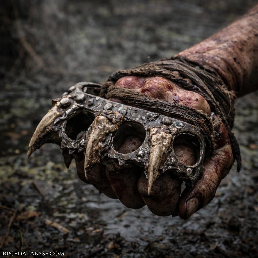 Lastre di metallo fuse con frammenti d’osso. Una cinghia di tendine passa sul dorso della mano per impedire che l’arma venga persa anche con presa sanguinante. Usato anche nelle punizioni collettive.
