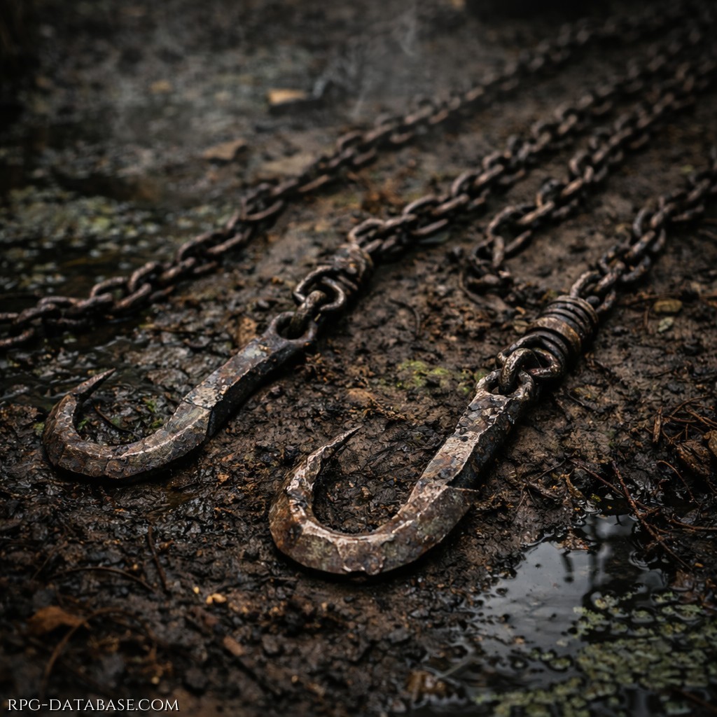 Punte ricurve affilate, legate a lunghe catene. I Flagelli li lanciano per afferrare arti, gole o armature o trascinare il nemico. Lunghezza totale: 3-5 metri. Lunghezza totale del gancio: 25-35 cm.