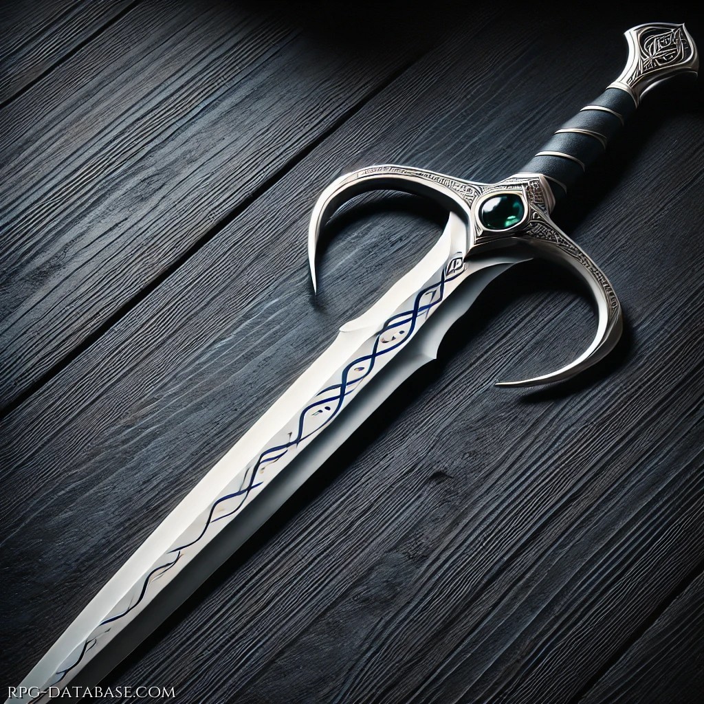 Realizzata con argento purissimo. La lama si estende lunga e affusolata, leggermente ricurva verso la punta, pensata per affondi rapidi e fendenti precisi. Sulla superfice rune elfiche antiche.  L’elsa è solida, avvolta in strati di cuoio nero invecchiato. 120cm di Lunghezza, per un peso complessivo di 1,8 chilogrammi.