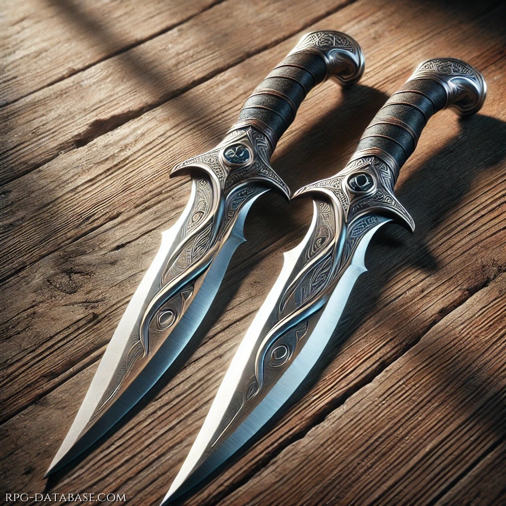 Coppia di lame leggere e letali, forgiate in argento puro e decorate con antiche rune elfiche che sussurrano segreti perduti. I manici, avvolti in cuoio nero consumato, garantiscono una presa salda e silenziosa, perfetta per colpire nell'ombra. Alla base di ogni pomello risplende un piccolo smeraldo. 40cm di lunghezza.