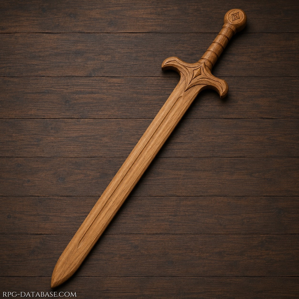 Spada da allenamento realizzata interamente in legno massello, progettata per unire robustezza, sicurezza ed eleganza. La lama larga e arrotondata presenta una lieve scanalatura centrale decorativa che richiama le spade da guerra tradizionali, pur mantenendo bordi smussati adatti all'addestramento. L'elsa, ampia e dalle forme morbide, offre una buona protezione della mano ed è impreziosita da incisioni geometriche d'ispirazione elfica. L'impugnatura ergonomica, leggermente scanalata, garantisce una presa salda e confortevole, mentre il pomolo tondeggiante completa il design equilibrato dell'arma.