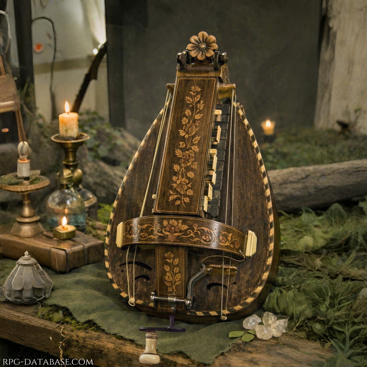 Un elegante strumento il legno fragrante di bosco, intarsiato con motivi floreali che sembrano respirare alla luce delle candele. Il fiore scolpito sulla sommità del manico sembra animarsi lievemente quando il potere magico si risveglia. Quando attivato questo potere, l'obiettivo percepisce la melodia come irresistibile ed è costretto a danzare contro la propria volontà (//soggetto a MORG e tiro contrapposto su Mente - durata due turni).