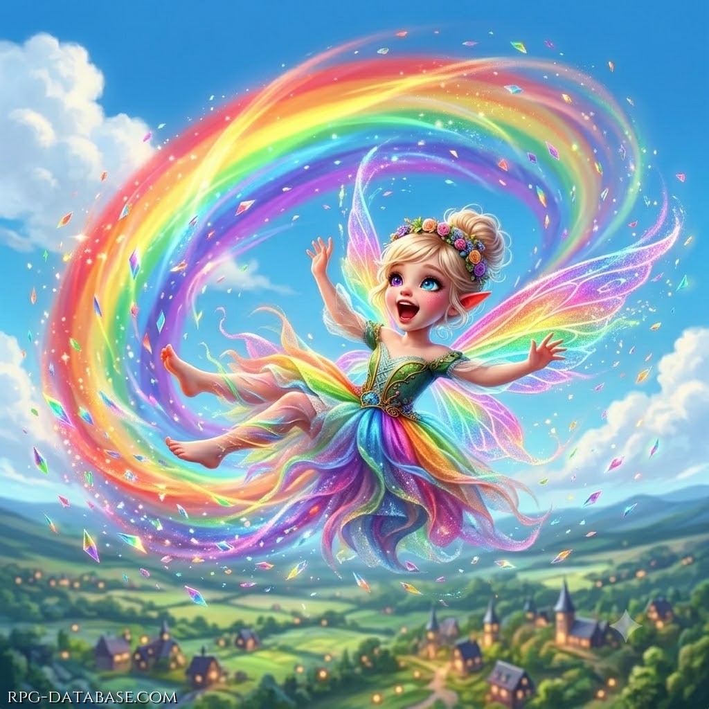 Mentre un arcobaleno si formava nel cielo dopo un giorno di pioggia, un vento soffiò proprio attraverso i colori. Spinti da quella carezza eolica, i colori si staccarono e iniziarono a danzare nell'aria fino a formare un corpicino etereo che cominciò a precipitare dal cielo. Iridia si svegliò proprio in quell'istante, nel suo primo battito di ciglia vitale, trovandosi sospesa tra le nuvole. E fu proprio mentre precipitava, nel suo primo attimo di esistenza, che la fata imparò a volare spalancando le sue nuove ali. Qualcuno, laggiù nel villaggio sottostante, avrebbe potuto giurare di aver sentito un gioioso e squillante [YEEEEE!] riecheggiare nell'aria quel giorno.