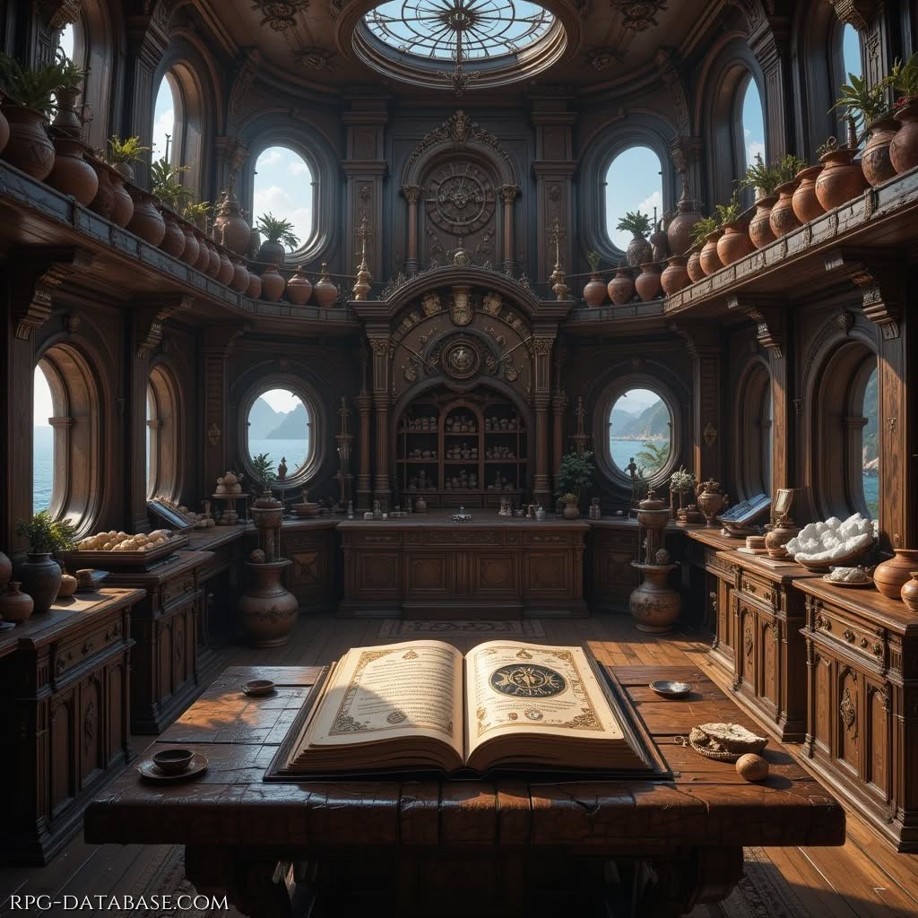 Siamo dentro un opulenta nave e la sala che vediamo é dedicata all’alchimia dei guaritori. In fondo alla parete un grande alambicco in funzione. Alle pareti armadi con vasi di terracotta protetti da vetri e serrature. Sul tavolo da lavoro, accanto ai minerali un grande libro in cuoio aperto dove si vedono simboli alchemici. Dagli oblo si vede il giorno ed il mare