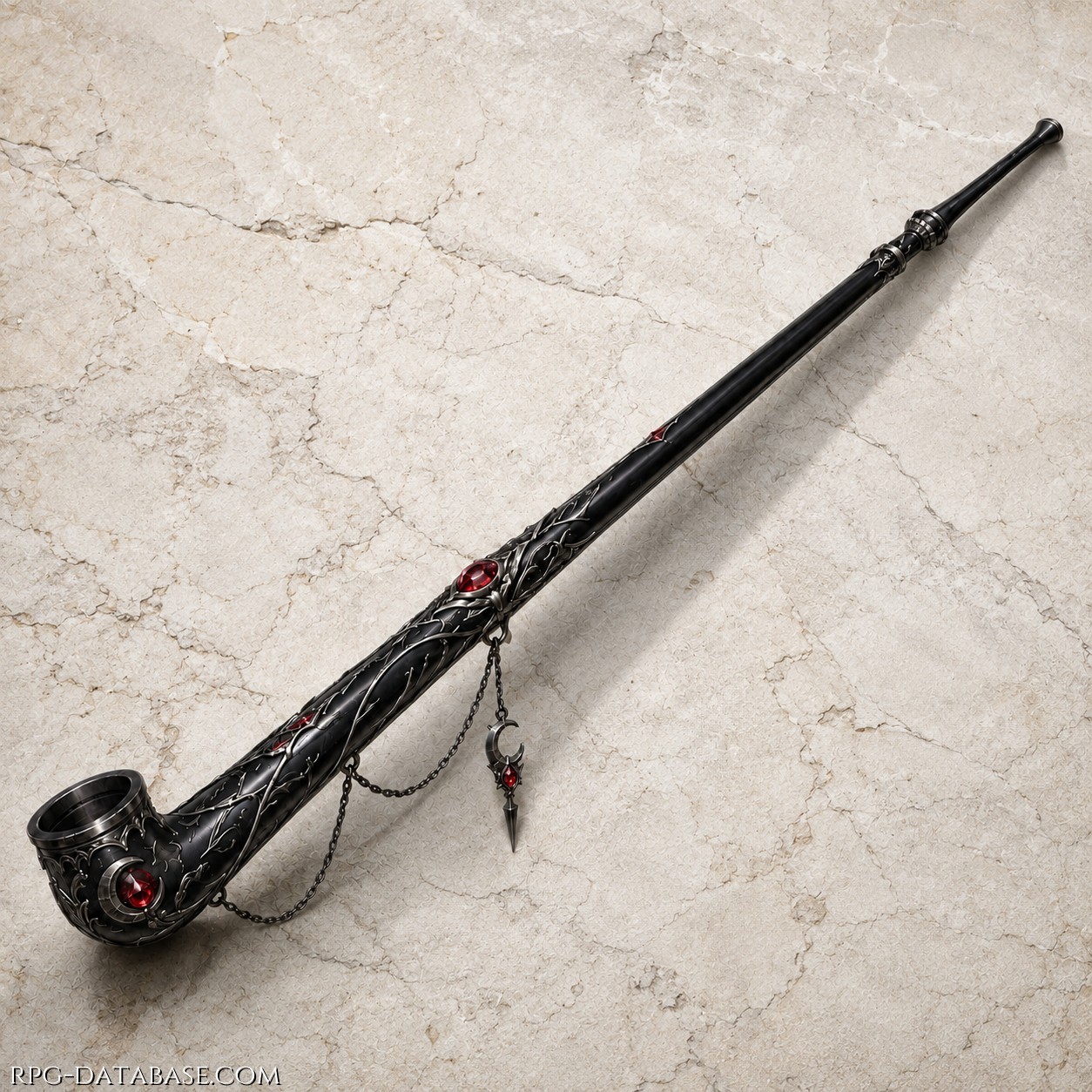 Pipa lunga e slanciata, di foggia quasi rituale, realizzata in metallo nero lucido con elaborate incisioni ornamentali color argento. Il fornello è ampio e tondeggiante, mentre il lungo cannello si assottiglia progressivamente verso il bocchino; lungo il corpo sono incastonati piccoli cristalli rossi, incluso uno più grande e prominente, e sottili catene metalliche sorreggono un pendente a forma di mezzaluna.