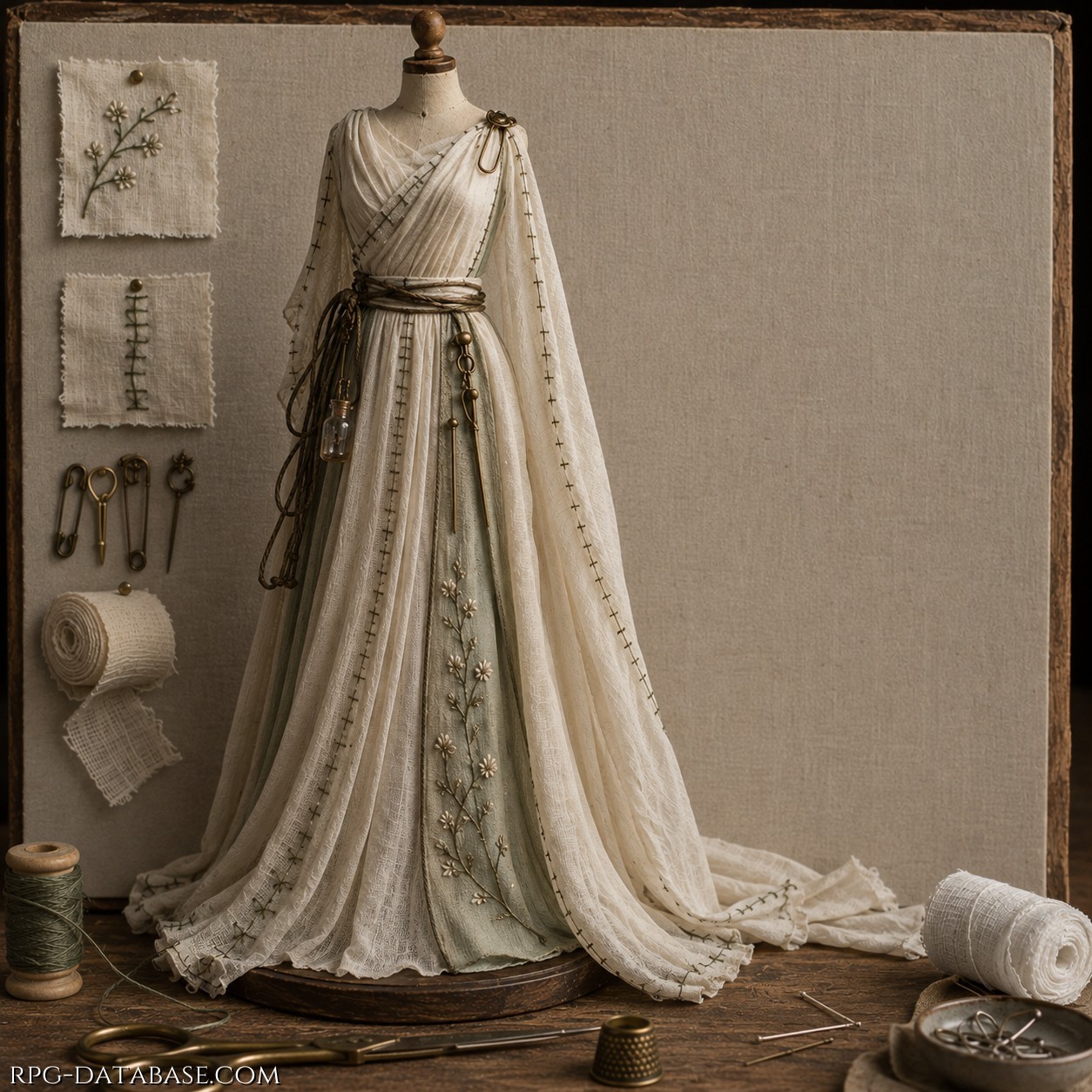 Modellino tridimensionale di un elegante abito da donna, realizzato con garze e altri elementi destinati alla cura.