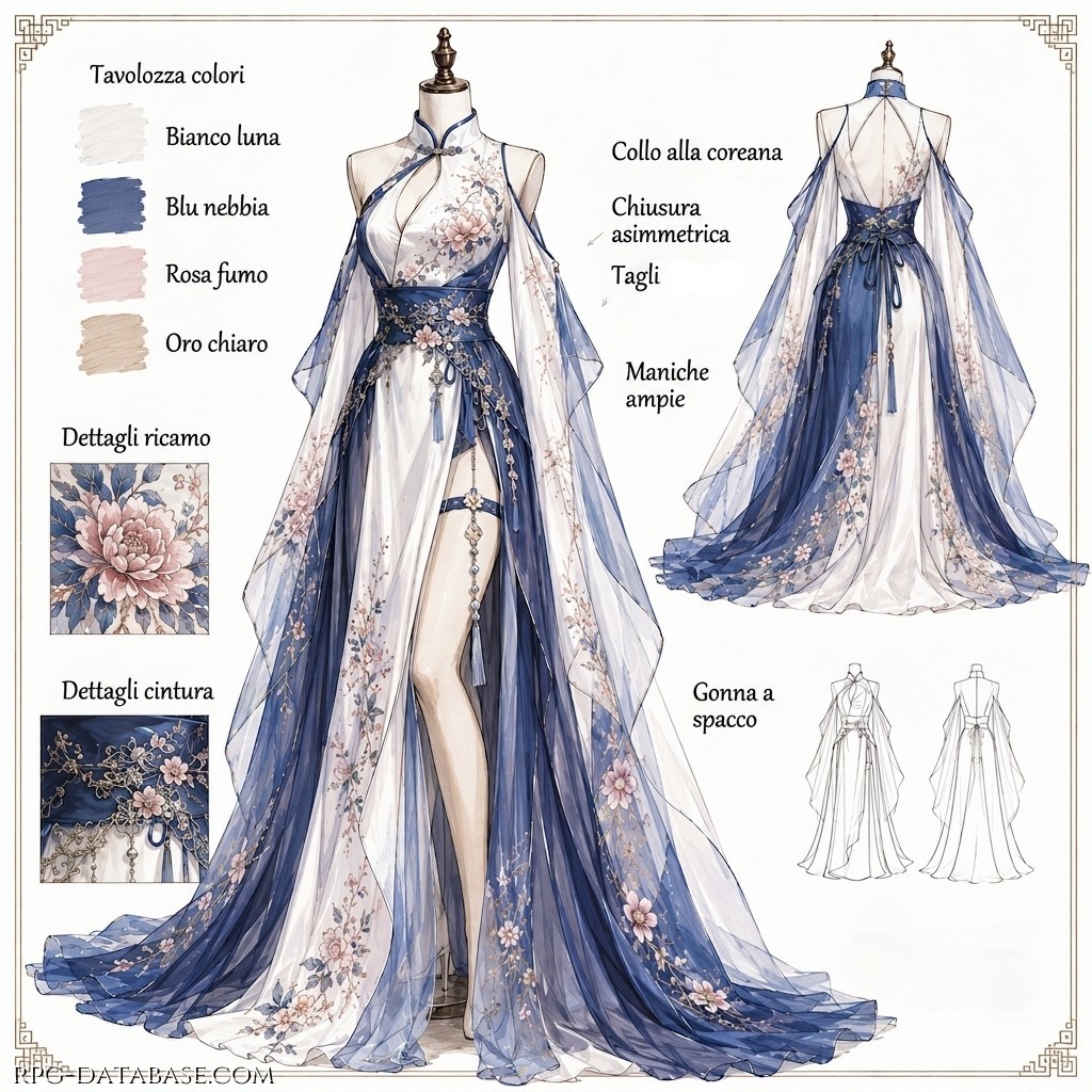 Acquerello raffigurante un elegante e impalpabile abito femminile dai colori pastello.