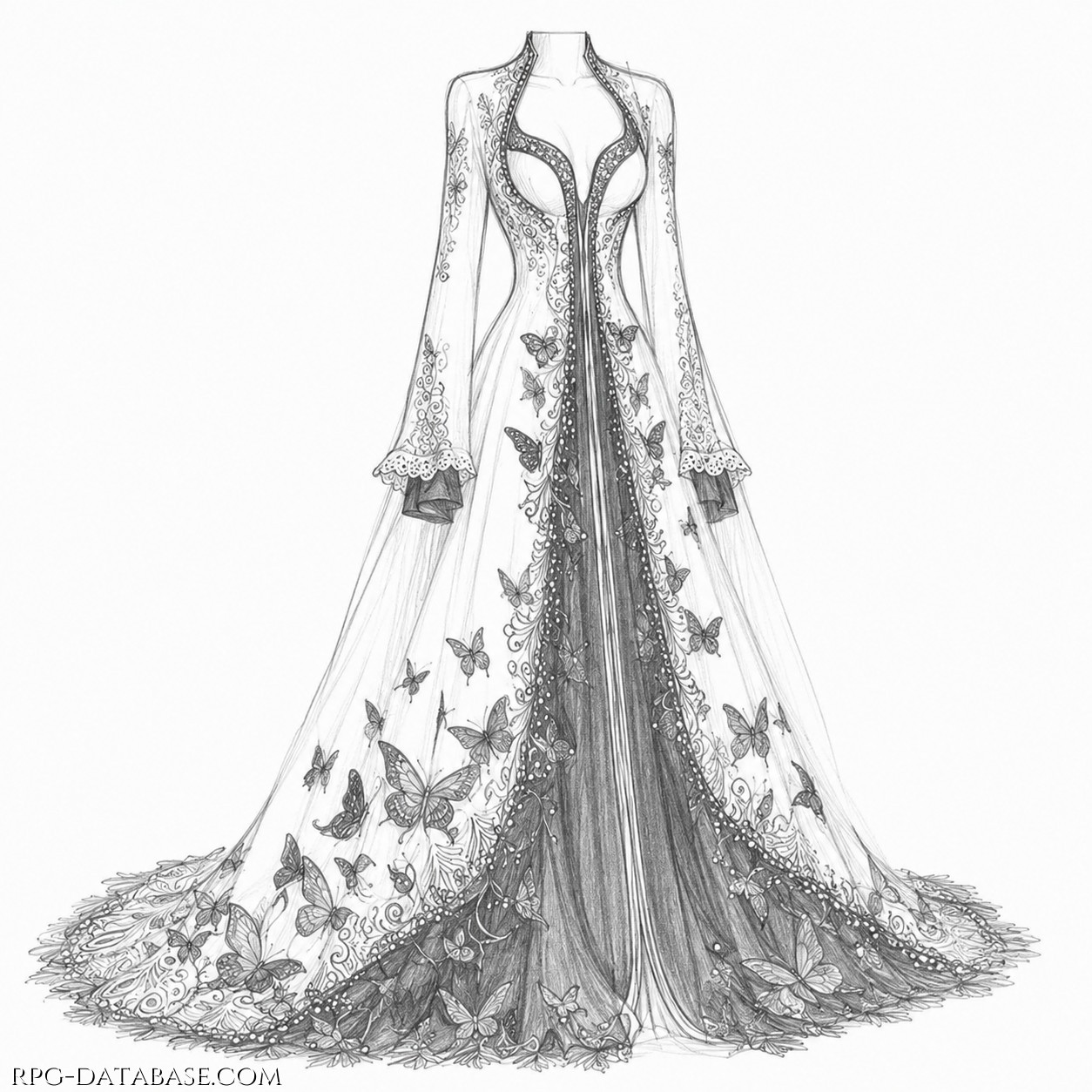 Un modello dalle linee eleganti e raffinate, giocato sul contrasto tra il bianco del tessuto e le profonde tonalità del blu, impreziosito da ricami scuri, motivi floreali e delicate farfalle che si posano sulla veste e sul lungo strascico.
