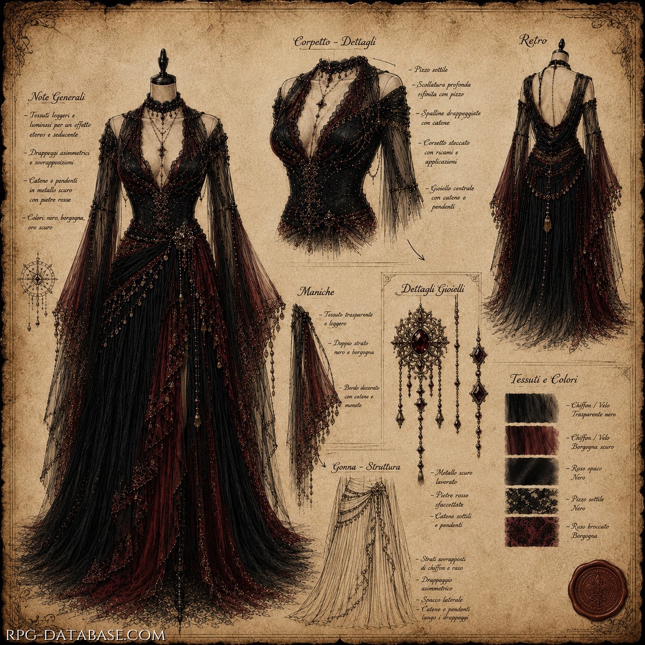 Un abito elegante e sensuale, dalla profonda scollatura e molti veli sovrapposti in nero e rosso cupo.
