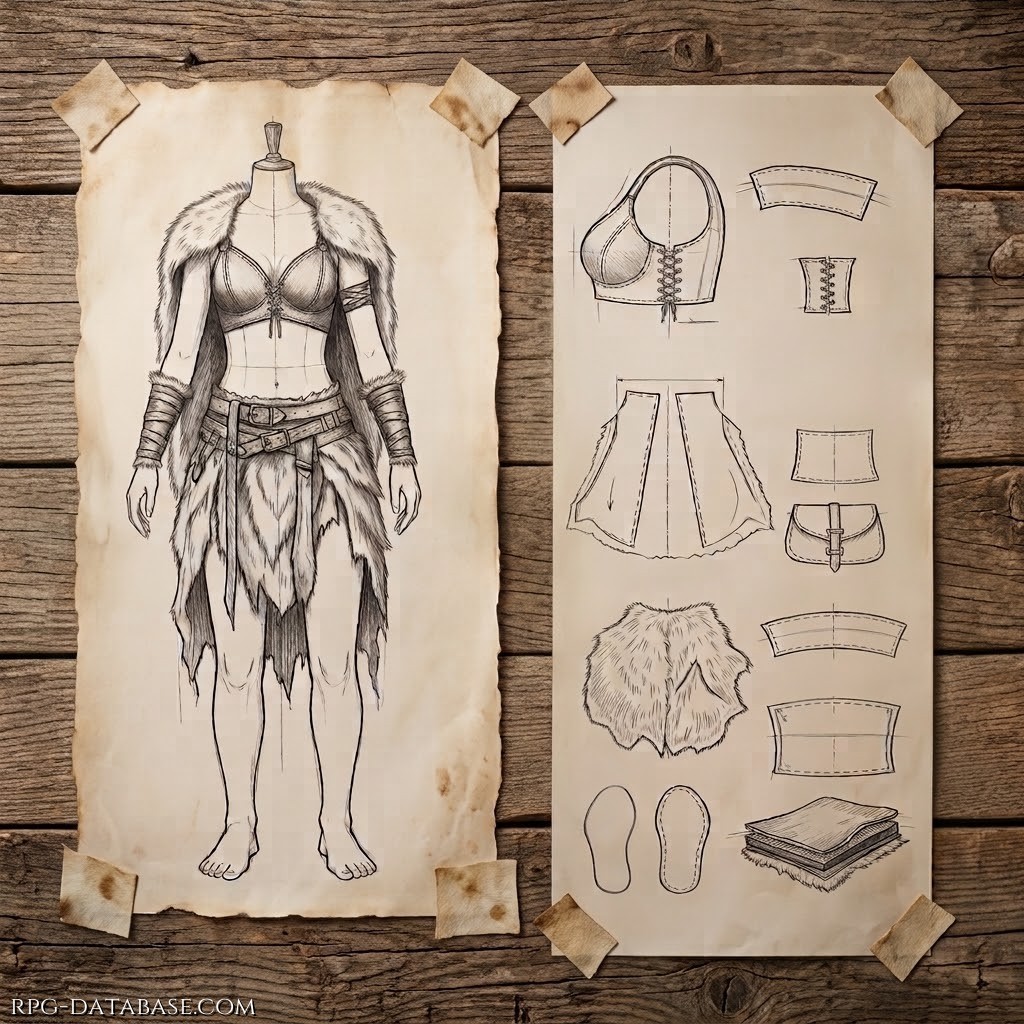 Disegno a carboncino su pergamena chiara, raffigurante abiti pratici ed essenziali, in pelle e cuoio, tipici delle popolazioni che trascorrono molto tempo all'aria aperta.