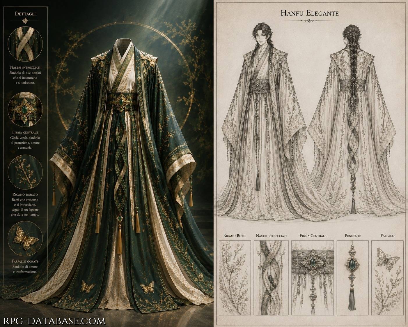 “Hanfu Due Destini”.  Nato dall’incontro fra antiche tradizioni, eleganza e fantasia, quest’abito vuole raccontare attraverso stoffe, ricami e ornamenti una storia di armonia e di legami. Ho scelto il verde profondo e l’oro quali colori principali, accompagnandoli all’avorio e alla giada, affinché ogni elemento potesse richiamare la nobiltà della natura e la preziosità di ciò che è custodito nel cuore.  Particolare significato hanno i nastri intrecciati, che rappresentano due destini dapprima separati e poi uniti in un unico cammino, e le due farfalle dorate, simbolo dell’incontro, dell’amore e della trasformazione. I ricami vegetali, le gemme e i pendenti completano il disegno, dando vita a un abito che non sia soltanto ornamento, ma anche racconto.