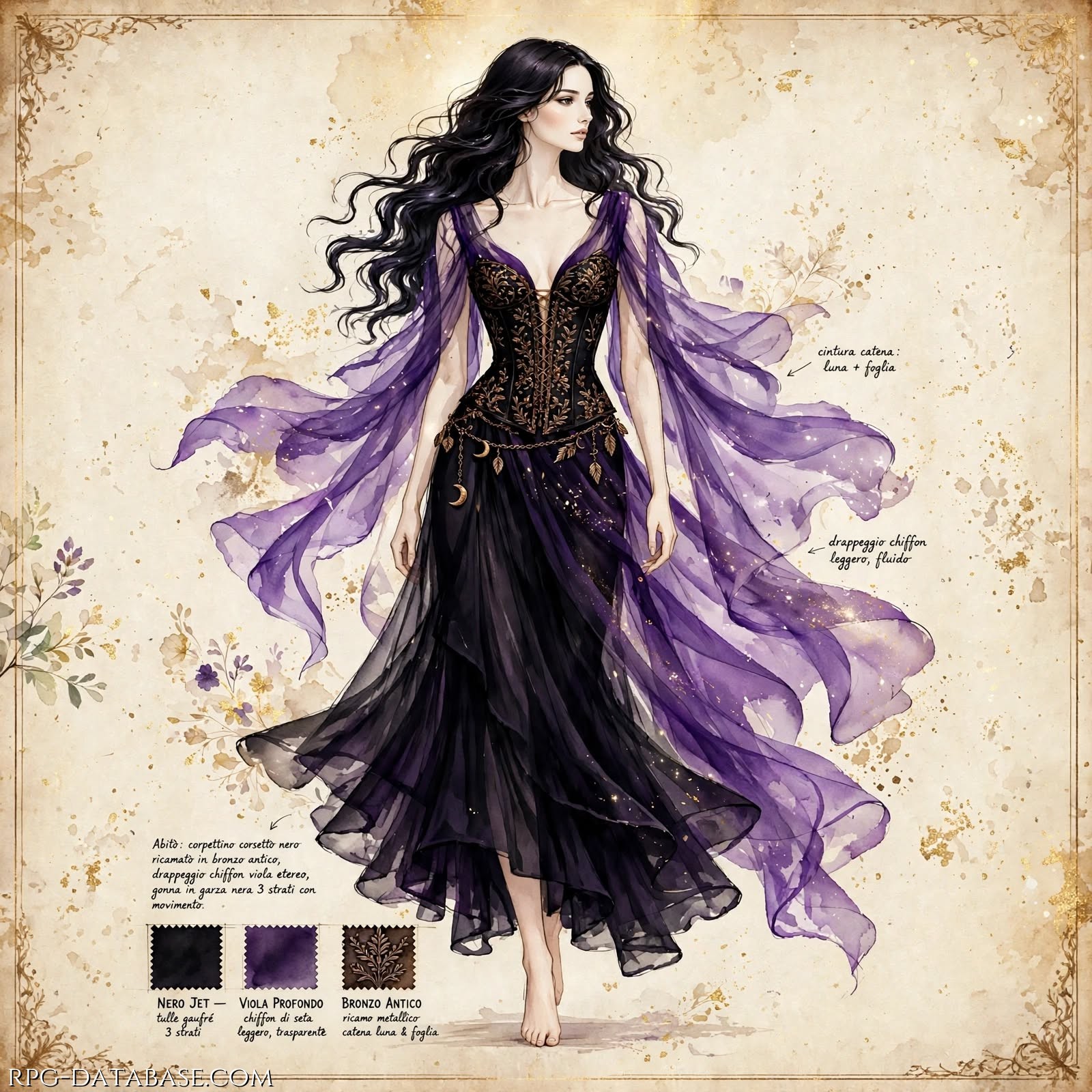 Disegno a colori su pergamena, raffigurante un abito femminile dalle linee sinuose e impalpabili veli nei toni del viola e del nero.