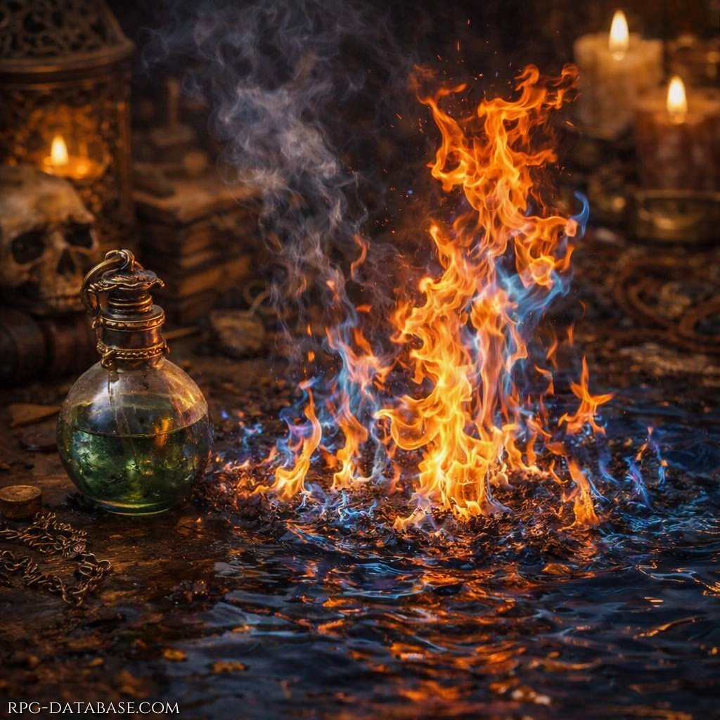 Da realizzare con Alchimia, è un liquido che versato su una superficie (anche l’acqua) si infiamma da solo, difficile da spegnere. Il fuoco dura 3 turni anche in presenza di acqua. Se a contatto con la pelle - 20 Salute a turno (danno applicabile dal MORG).