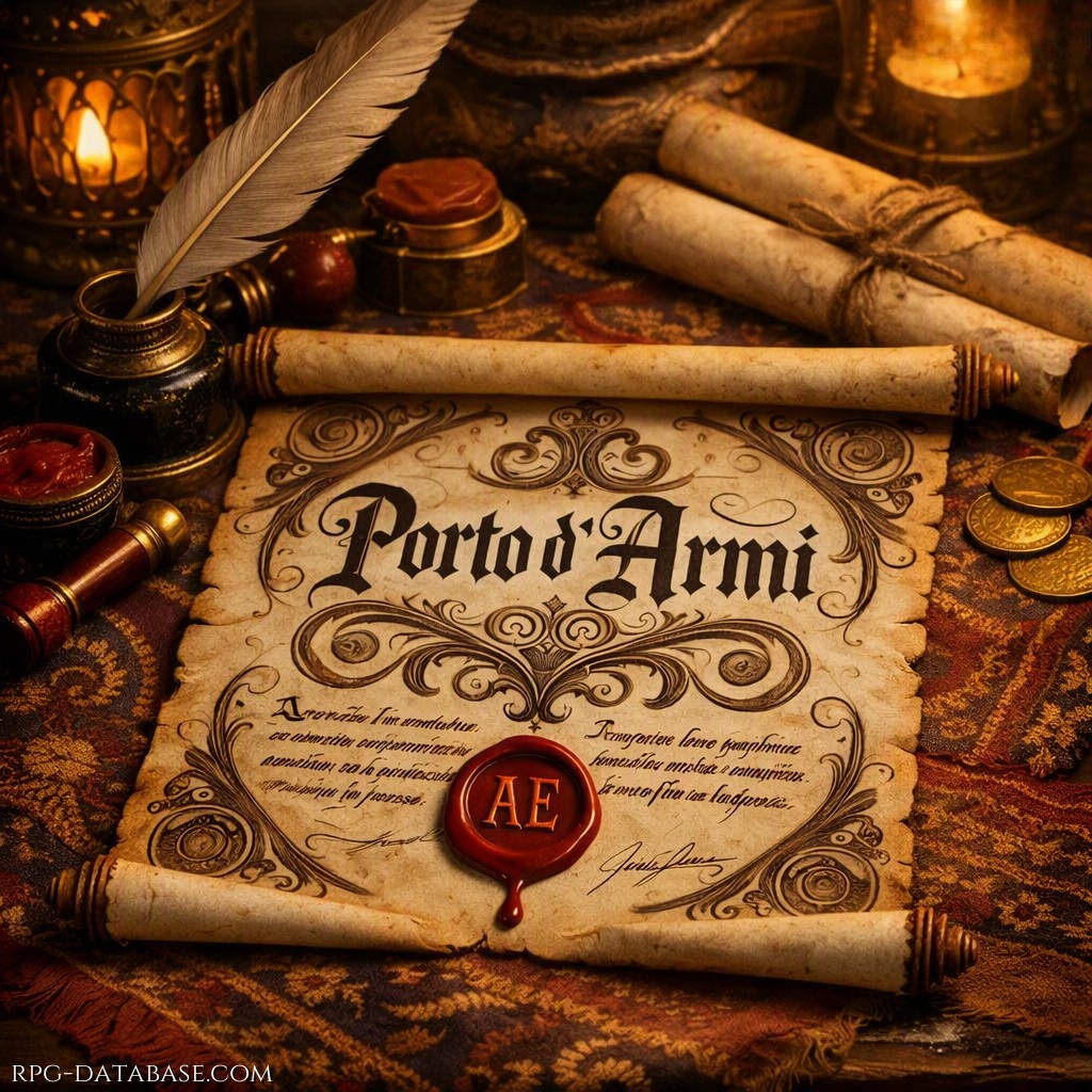 Una copia decisamente ben fatta del porto d’armi di Aethelion. Solo con un’attento esame e/o strumenti adeguati è possibile capire che non è autentico.    Il possessore, se richiesto di esibirlo, è tenuto a fare un tiro di Raggirare CD 12 (o eventuali skill adeguate). Se fallisce il tiro, si dimostrerà insicuro e la guardia si insospettirà, sottoponendo il documento a un esame più approfondito (CD 12, il bonus livello di Guardia si aggiunge al tiro del dado). Se la Guardia supera il tiro, il documento risulterà un falso e verrà confiscato, con tutte le conseguenze del caso.