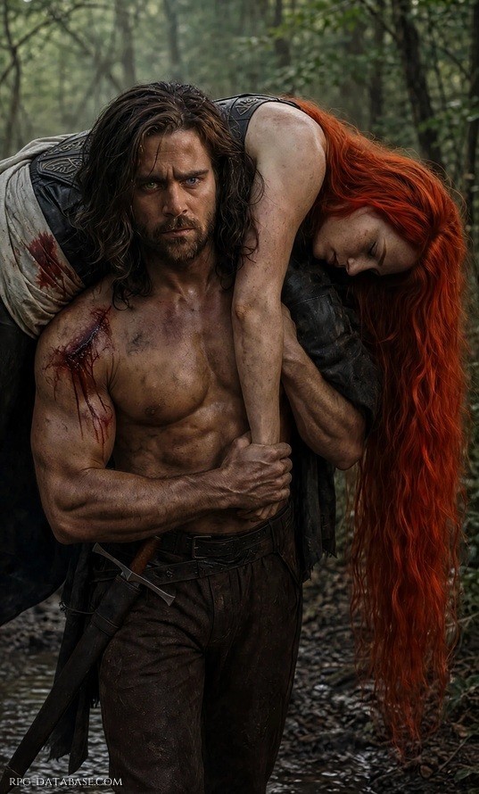 Il capo che ciondola dietro la sua schiena. Mentre i capelli rossi creano disegni nel vuoto, strisciando sulla schiena di lui, due pozzanghere verdi aperte guardano il bosco che si muove al contrario, che sparisce. Coloro che si erano promessi morte ora viaggiano uno sull'altra, legati dal sangue.