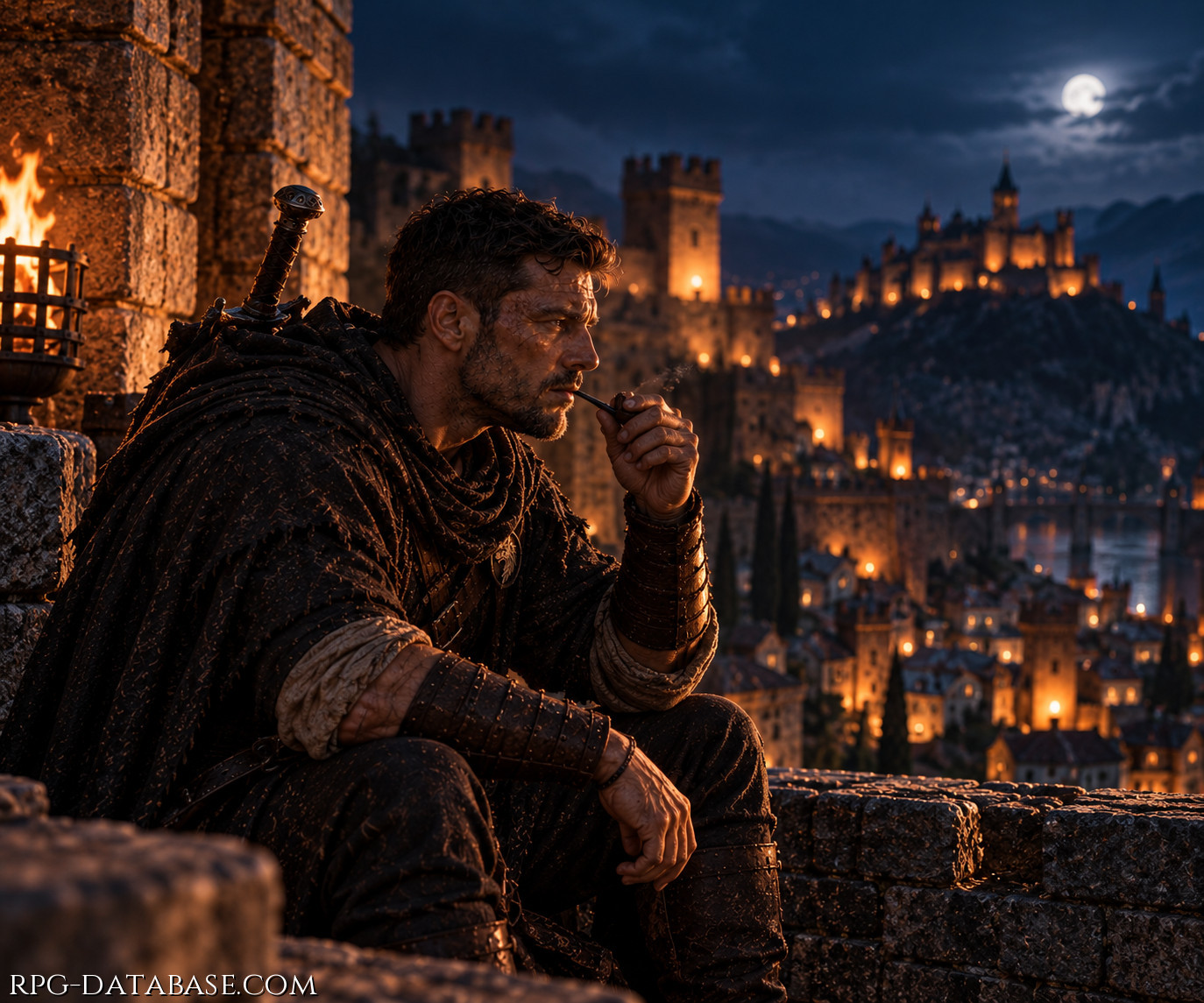 Seduto sulle antiche mura del castello, Rhaegar osserva in silenzio la città illuminata dalle torce, mentre la luna rischiara il cielo notturno. La pipa tra le labbra, lo sguardo vigile e i pensieri nascosti dietro un'espressione impassibile. Sotto di lui, la città continua a vivere, ignara dell'uomo che la osserva dall'alto.