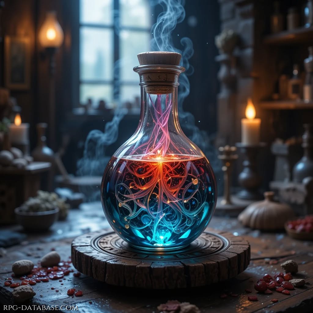 Questo elisir è contenuto in un'ampolla di vetro con un liquido magico dai colori vivaci, che sfumano dal blu nella parte inferiore al rosso acceso nella parte superiore. All'interno del liquido si intrecciano filamenti luminosi, simili a radici o circuiti energetici, creando un effetto mistico. L'ampolla è sigillata con un tappo di sughero e poggia su una base circolare in legno intagliato.