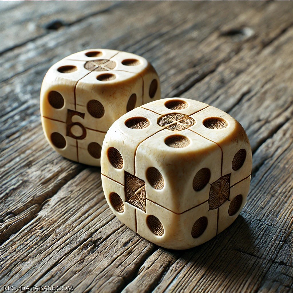 Dotazione base, coppia di dadi da gioco, intagliati dal legno.