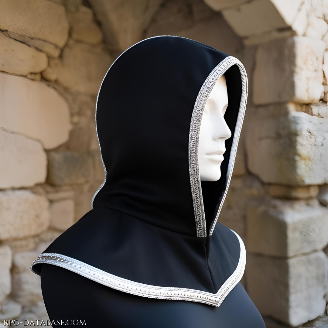 Cappuccio nero con bordature argentee, permette a chi lo indossa di celare il volto in penombra e sfuggire più facilmente allo sguardo altrui.