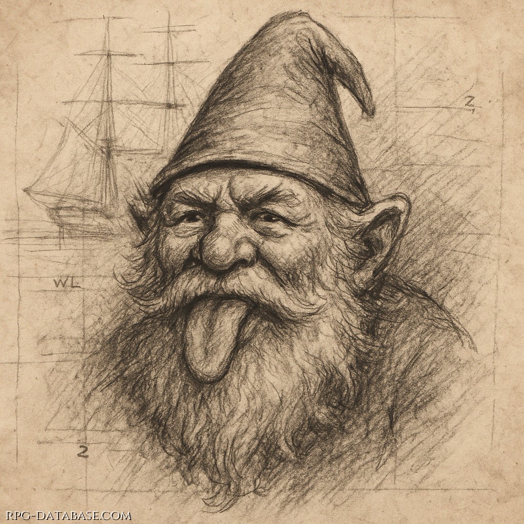 Il disegno di uno gnomo sul retro di un disegno tecnico di un veliero.