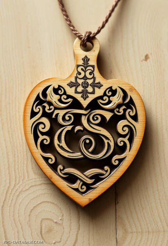 Piccolo monile di legno, a forma di cuore, mostra al suo interno eleganti motivi elfici curvilinei a disegnare armonici movimenti che richiamano valori ancestrali e sacri, al centro dei quali le loro lettere, la E e la S, si intrecciano come i corpi di due amanti protesi l’uno verso l’altro.