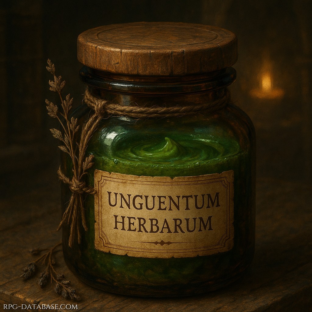Un vaso in vetro ambrato scuro con tappo in legno e spago grezzo contiene un unguento verde. L'etichetta antica recita "Unguentum Herbarum". Sullo sfondo chiaro, candele e erbe secche evocano un'atmosfera da bottega di cerusico medievale.