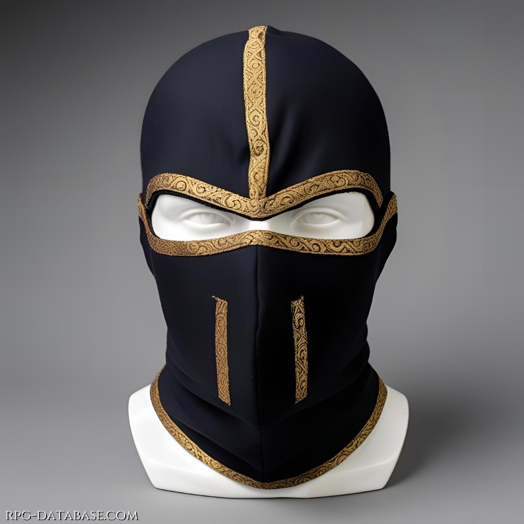 Una maschera in tessuto rigido scuro che copre bocca e naso. Attenua il suono del respiro e delle parole, permettendo di comunicare con sussurri minimi.