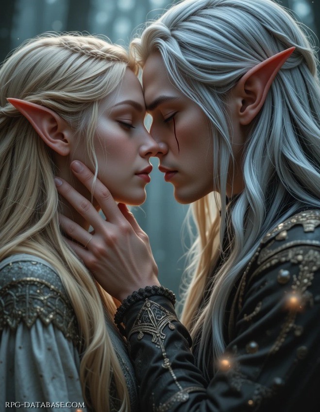 In un silenzio sospeso, Selfhirion ed Elebereth si sfiorano, anime intrecciate. Le fronti unite, le dita a custodirsi il volto. Amore, dolore e luce si fondono in un attimo eterno. Tra ombra e promessa, sono rifugio l’uno dell’altra. Nessuna tempesta li piegherà davvero.