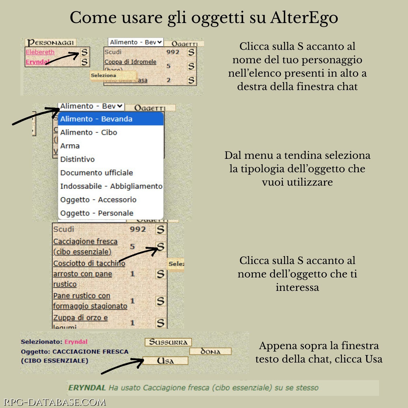 Un'immagine che mostra come utilizzare i propri oggetti all'interno del gioco, in modo semplice e diretto
