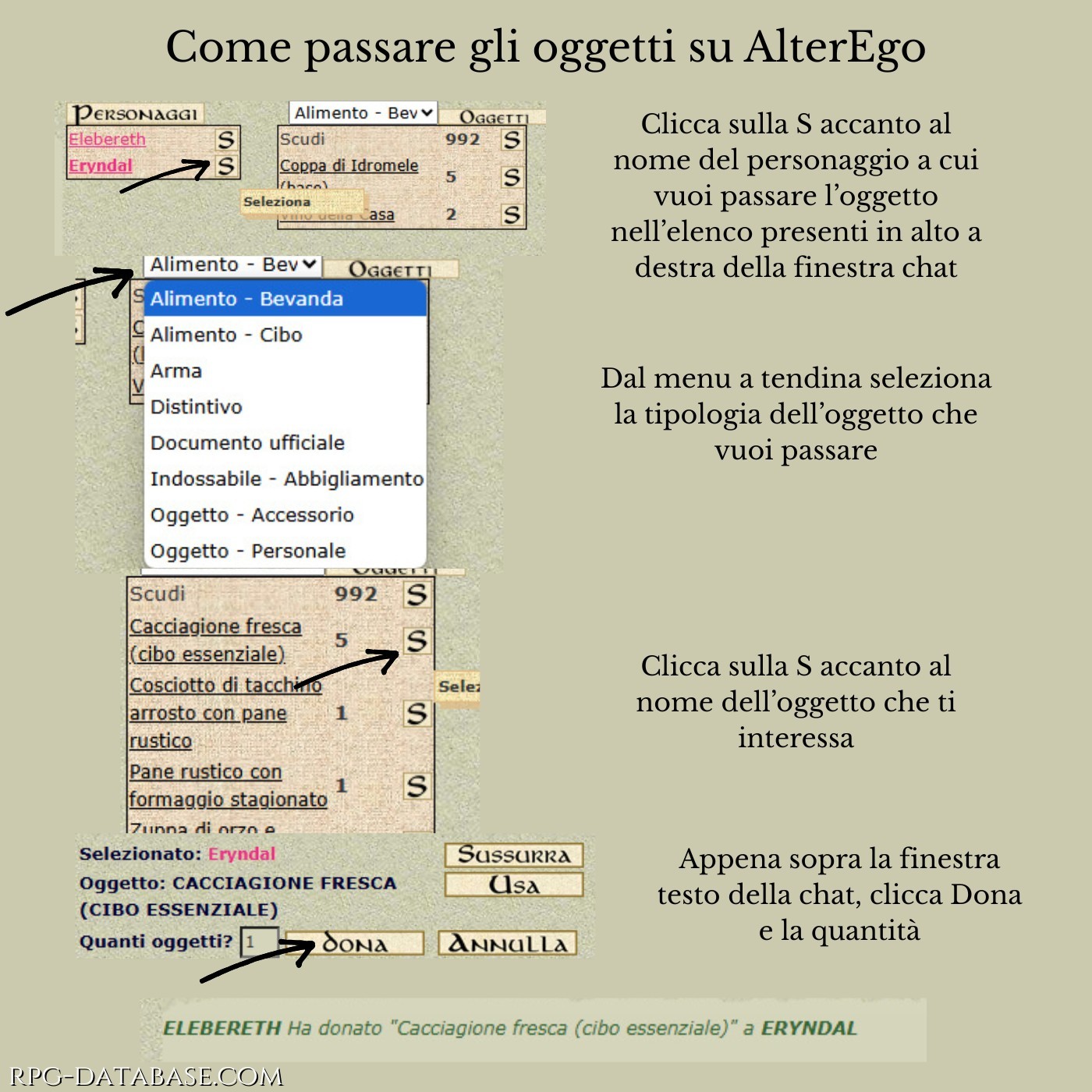 Un'immagine che mostra come passare oggetti all'interno della chat gioco, in modo semplice e diretto