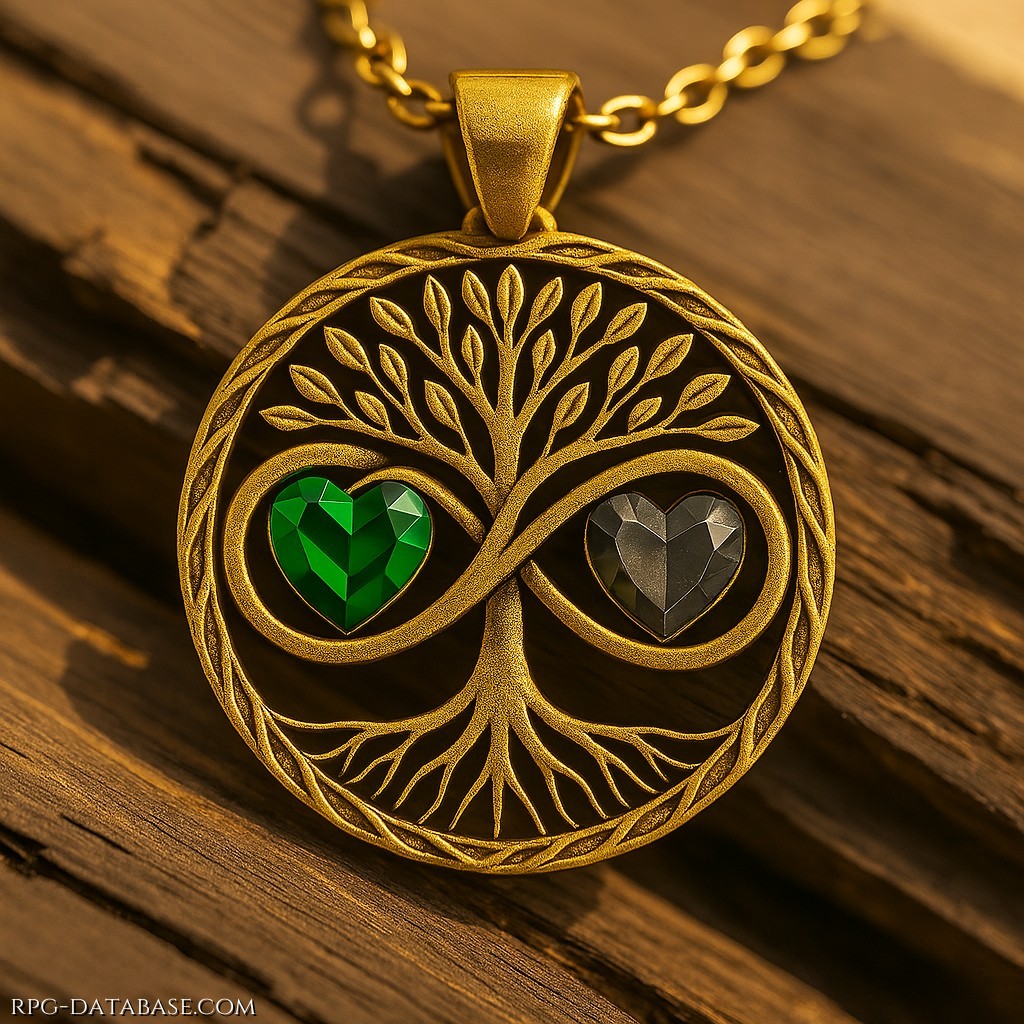 Un ciondolo in oro e pietre preziose che raffigura un albero della vita e un simbolo dell'infinito che racchiude due cuori, uno verde e uno grigio. Sul retro riporta l'incisione "Ashasa e Atos". Per il suo valore affettivo, ha il potere di conferire Energia alla proprietaria.