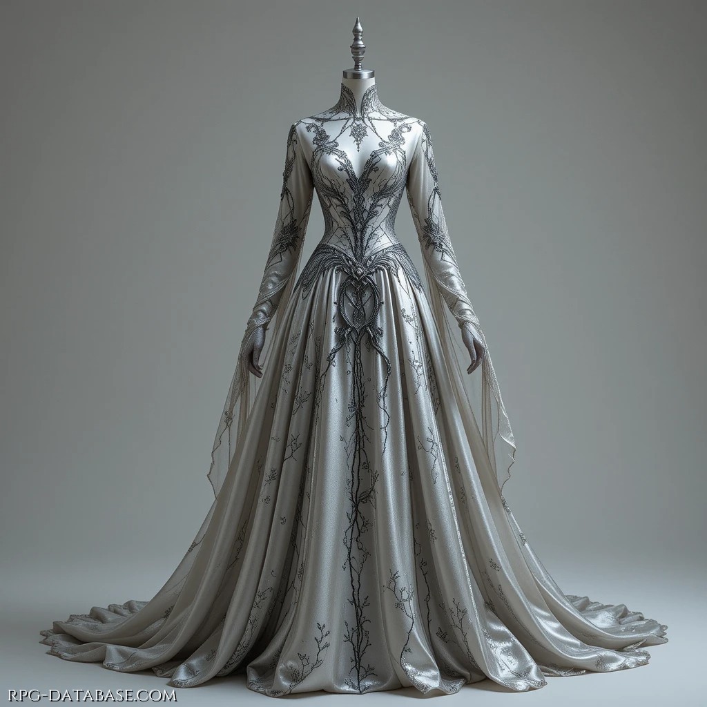 Un abito elegante, prezioso eppure austero, dal tessuto argentato, come la luce della luna riflessa su acque ferme, vibrante come un sussurro. Le decorazioni, finemente ricamate, sono nere, in memoria delle notti in cui il sapere cammina in silenzio e le risposte giungono solo a chi sa ascoltare.  Conferisce alla proprietaria l'energia che deriva dalla certezza di apparire sicura e affascinante, salda nel sapere, una luce nella notte più scura.
