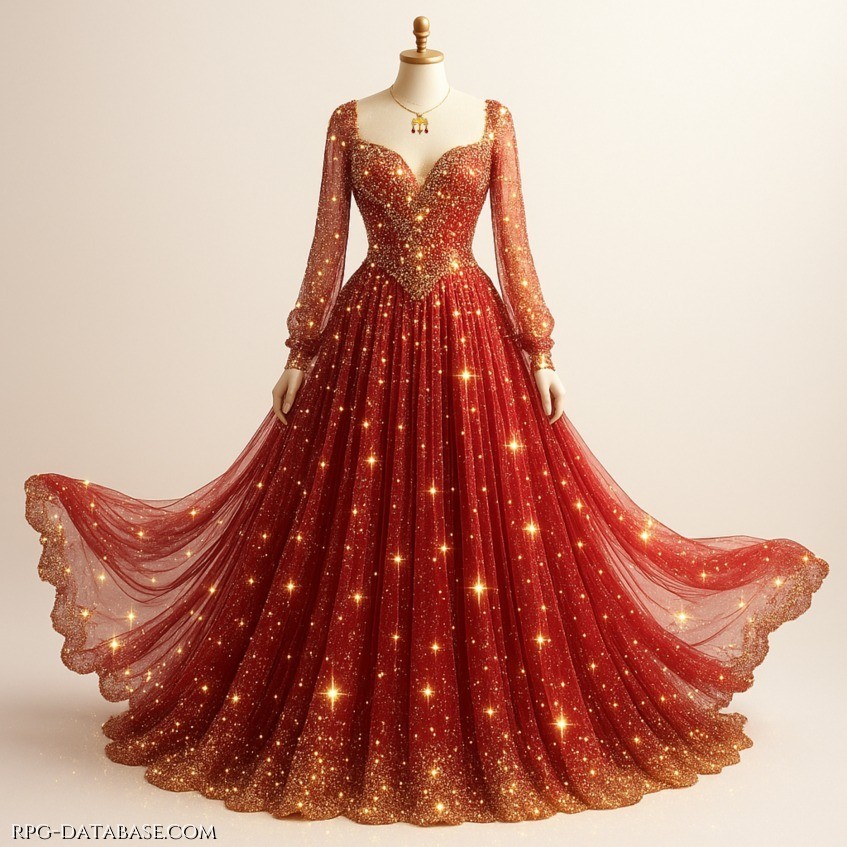 Abito in stoffa rossa leggerissima decorata con rubini e ricami in oro. Maestoso e prezioso, incarna lo spirito saldo di colei che lo indossa.