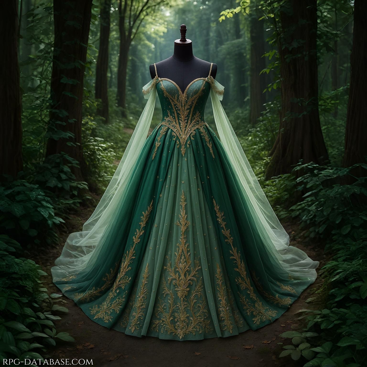 Un abito elegante, maestoso, che riflette la bellezza della natura e la luce della luna con sfumature di verde, bianco e argento, tulle, pizzi e ricami dorati che richiamano l'antica arte e la magia.